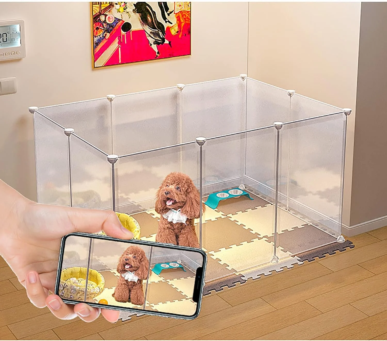 محوطه بازی سگ xzlL-jtkm، حصار حیاط قابل حمل کوچک، محوطه بازی حیوانات خانگی DIY برای استفاده در داخل و خارج از منزل، فضای بزرگ برای توله سگ، بچه گربه، همستر، سفید شفاف 10 پنل