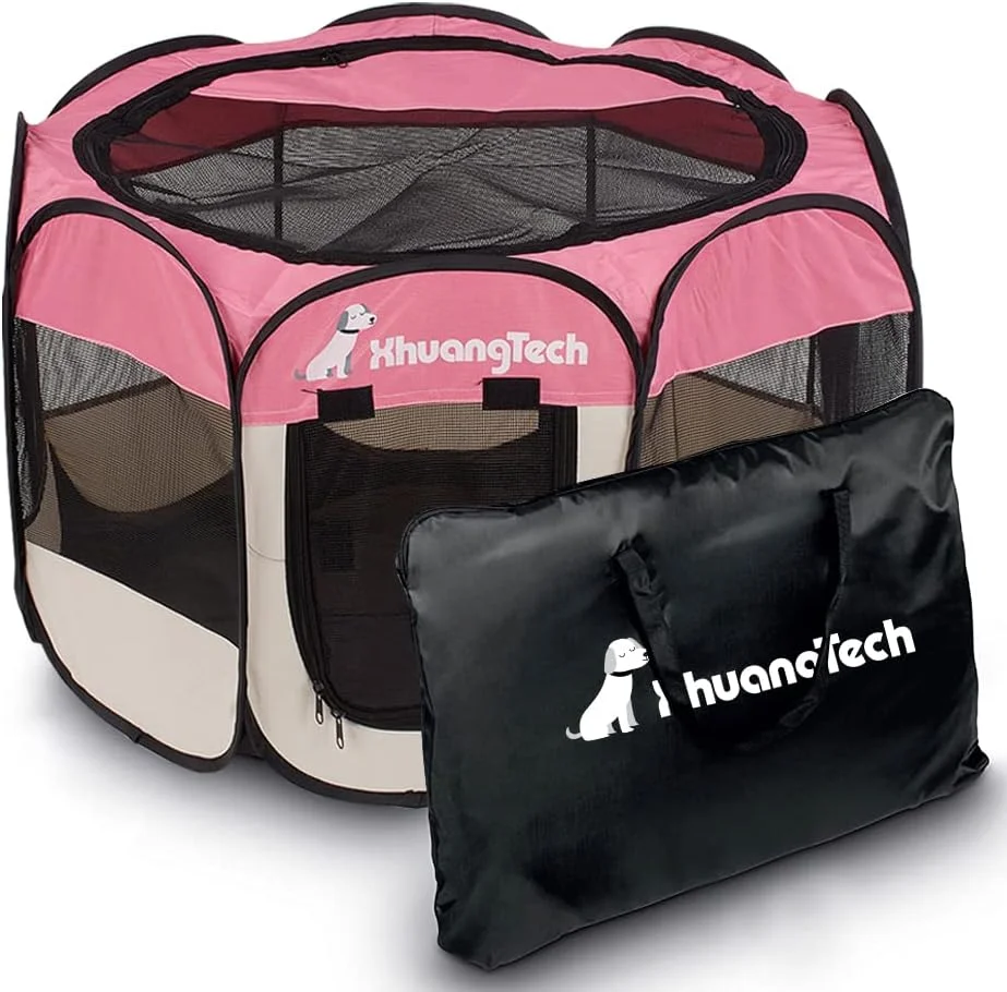 محوطه بازی تاشو قابل حمل حیوانات خانگی XianghuangTechnology، لانه سگ/گربه/توله سگ، روکش سایه توری قابل جابجایی (صورتی)