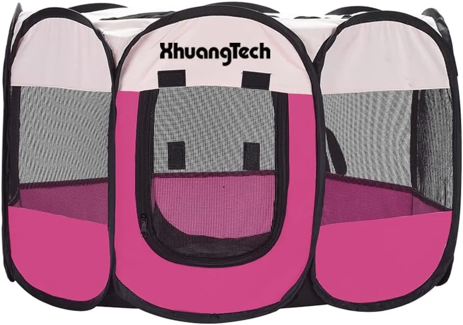 پارک بازی تاشو سگ XIMINZ، پارک بازی تاشو قابل حمل گربه، مناسب برای داخل/خارج خانه برای توله سگ و بچه گربه، چادر باکس گربه با کیف حمل، آکسفورد 600D (صورتی + بژ، متوسط ​​(8 ,(31.5"x31.5"x23"