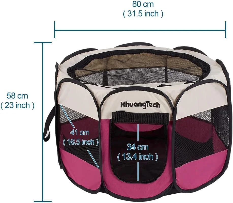 پارک بازی تاشو سگ XIMINZ، پارک بازی تاشو قابل حمل گربه، مناسب برای داخل/خارج خانه برای توله سگ و بچه گربه، چادر باکس گربه با کیف حمل، آکسفورد 600D (صورتی + بژ، متوسط ​​(8 ,(31.5"x31.5"x23"