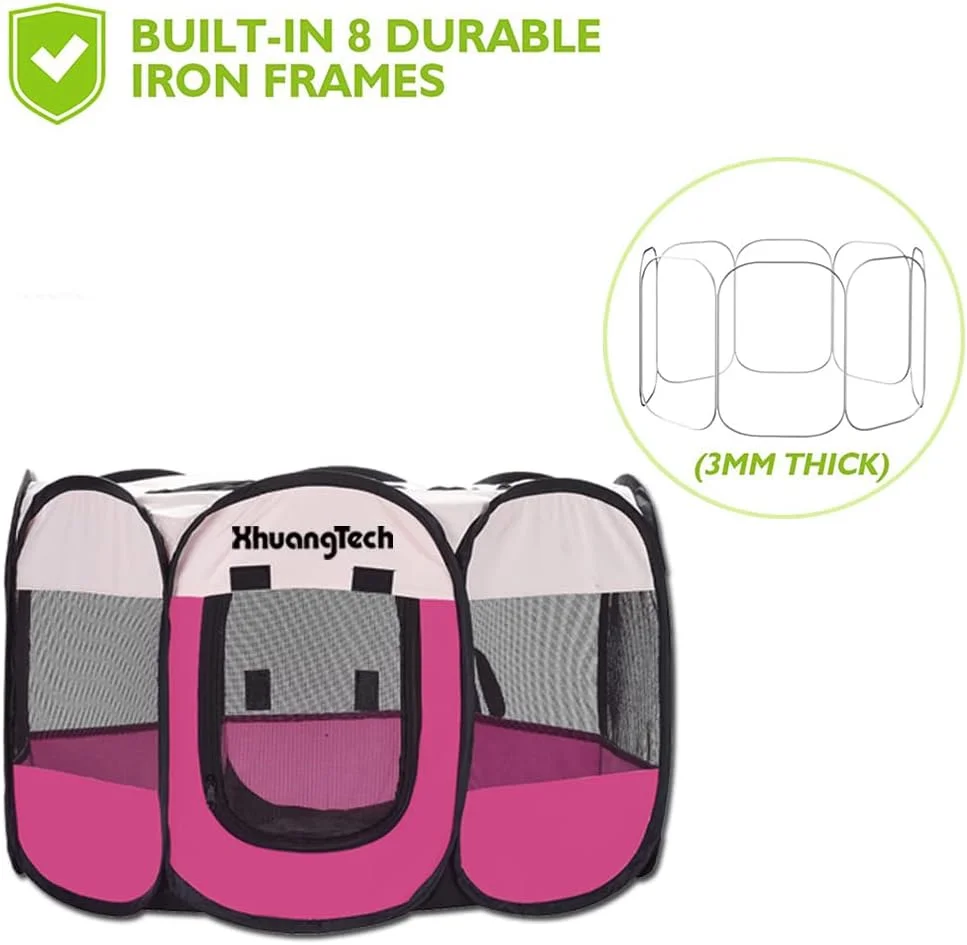 پارک بازی تاشو سگ XIMINZ، پارک بازی تاشو قابل حمل گربه، مناسب برای داخل/خارج خانه برای توله سگ و بچه گربه، چادر باکس گربه با کیف حمل، آکسفورد 600D (صورتی + بژ، متوسط ​​(8 ,(31.5"x31.5"x23"