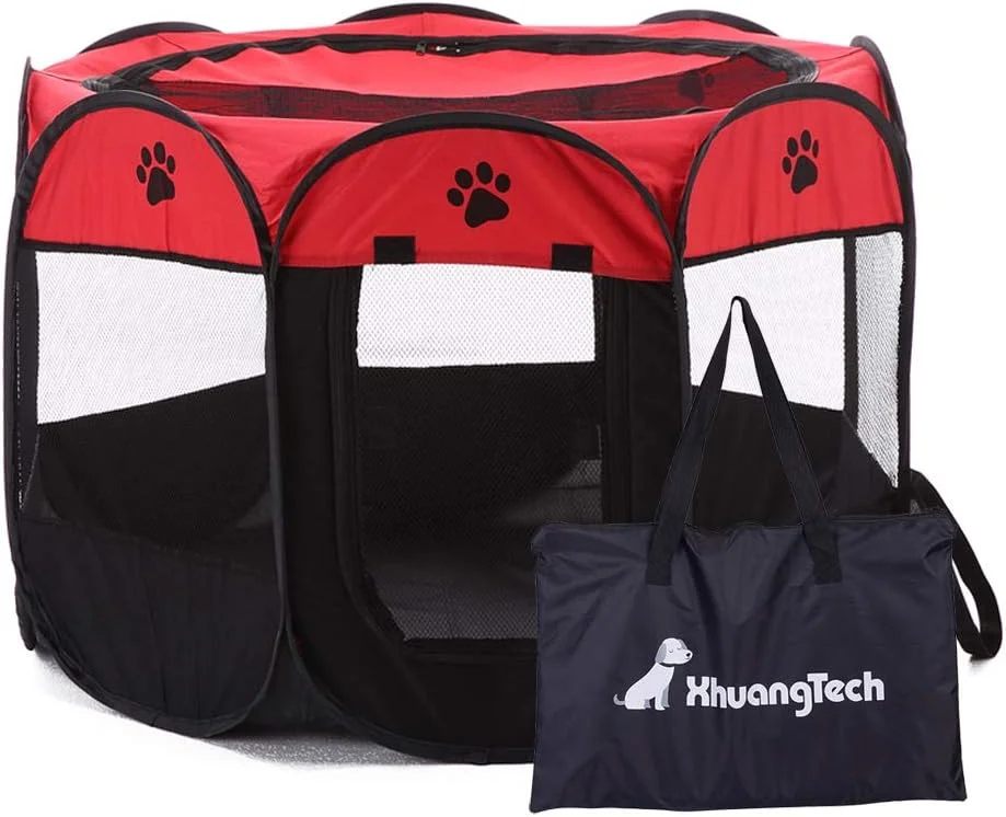 محوطه بازی تاشو و قابل حمل سگ، گربه و توله سگ XianghuangTechnology، مناسب استفاده در داخل و خارج از خانه (قرمز)