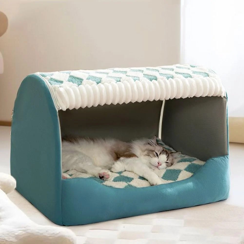خانه سگ دنج XIUWOUG، لانه گرم تاشو سگ/گربه، خانه سگ/گربه داخلی با کوسن قابل جابجایی، خانه سگ داخلی برای سگ/گربه های کوچک، متوسط و بزرگ، آبی، XL