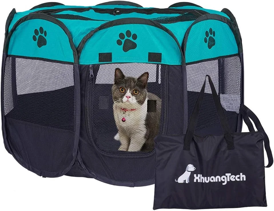 محوطه بازی تاشو و قابل حمل سگ، گربه و توله سگ XianghuangTechnology از جنس پارچه نرم، مناسب استفاده در داخل و خارج از منزل، قفس لانه حیوانات خانگی، قطر 31 در ارتفاع 23 (آبی)
