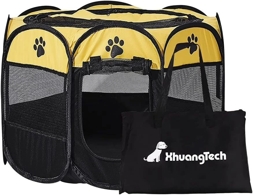 محوطه بازی تاشو و قابل حمل سگ، گربه و توله سگ XianghuangTechnology از جنس پارچه نرم، مناسب استفاده در فضای داخلی و خارجی، قفس لانه حیوانات خانگی، قطر 31 در ارتفاع 23 (زرد)