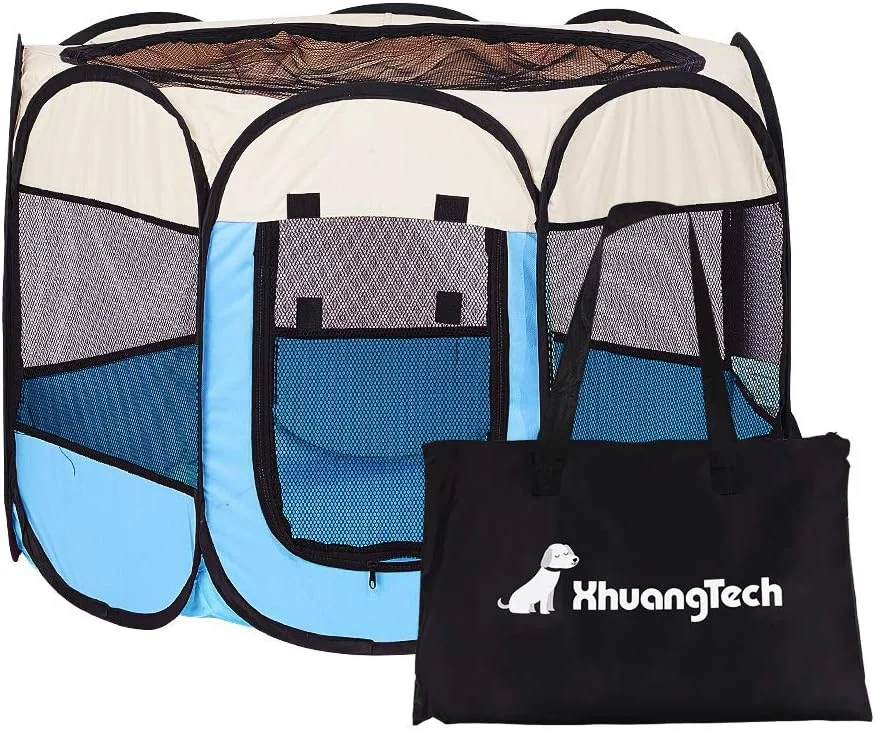 محوطه بازی تاشو و قابل حمل سگ، گربه و توله سگ XianghuangTechnology از جنس پارچه نرم، مناسب استفاده در داخل و خارج از خانه، قفس لانه حیوانات خانگی، قطر 78.74 سانتی متر در ارتفاع 58.42 سانتی متر (آبی روشن)