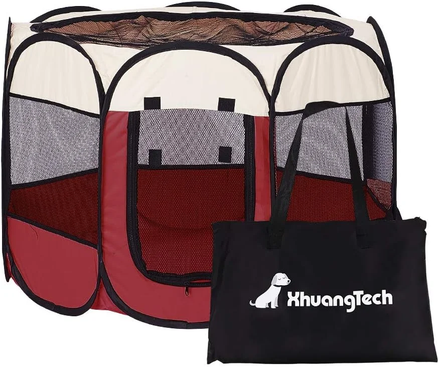 محوطه بازی تاشو و قابل حمل سگ، گربه و توله سگ XianghuangTechnology، جنس پارچه نرم، مناسب استفاده در فضای داخلی و خارجی، قفس لانه حیوانات خانگی، قطر 78 سانتی متر، ارتفاع 58 سانتی متر (بژ و قرمز)