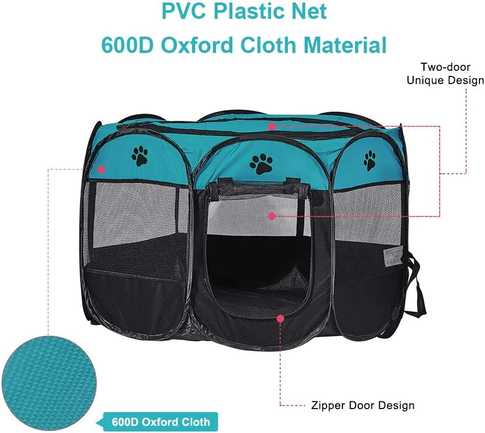 پارک بازی تاشو سگ XIMINZ، پارک بازی قابل حمل گربه، مناسب فضای داخلی/خارجی برای بچه گربه و توله سگ، چادر لانه گربه با کیف حمل، آکسفورد 600D (آبی فیروزه ای + مشکی، بزرگ، 8)