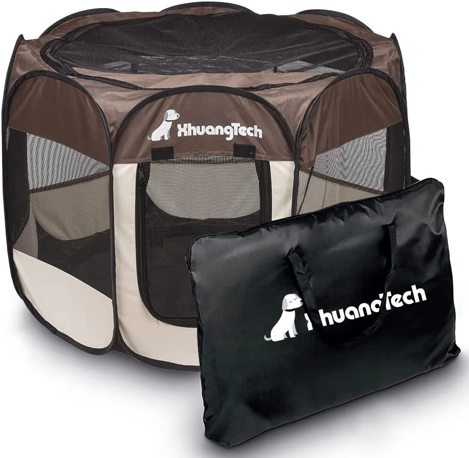 محوطه بازی تاشو و قابل حمل سگ و گربه XhuangTech از جنس پارچه نرم، مناسب استفاده در داخل و خارج از خانه + کیف حمل (قهوه ای و بژ)