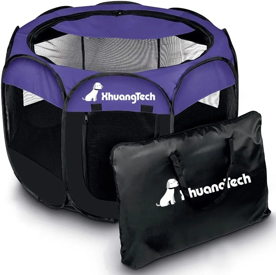 محوطه بازی تاشو و قابل حمل سگ، گربه و توله سگ XhuangTech، مناسب استفاده در داخل و خارج از خانه، لانه سگ و قفس حمل حیوانات خانگی + کیف حمل (بنفش و مشکی) با ابعاد 80x80x58 سانتی متر