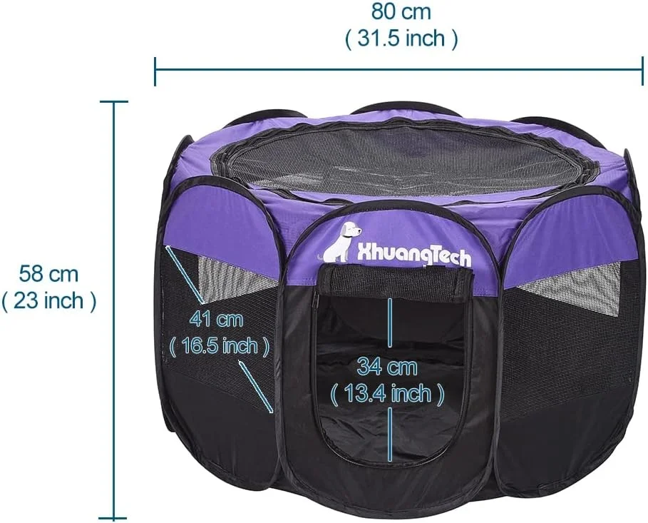 محوطه بازی تاشو و قابل حمل سگ، گربه و توله سگ XhuangTech، مناسب استفاده در داخل و خارج از خانه، لانه سگ و قفس حمل حیوانات خانگی + کیف حمل (بنفش و مشکی) با ابعاد 80x80x58 سانتی متر