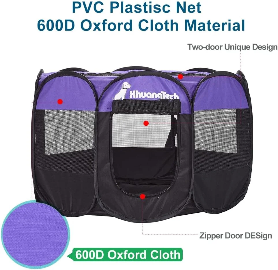 محوطه بازی تاشو و قابل حمل سگ، گربه و توله سگ XhuangTech، مناسب استفاده در داخل و خارج از خانه، لانه سگ و قفس حمل حیوانات خانگی + کیف حمل (بنفش و مشکی) با ابعاد 80x80x58 سانتی متر