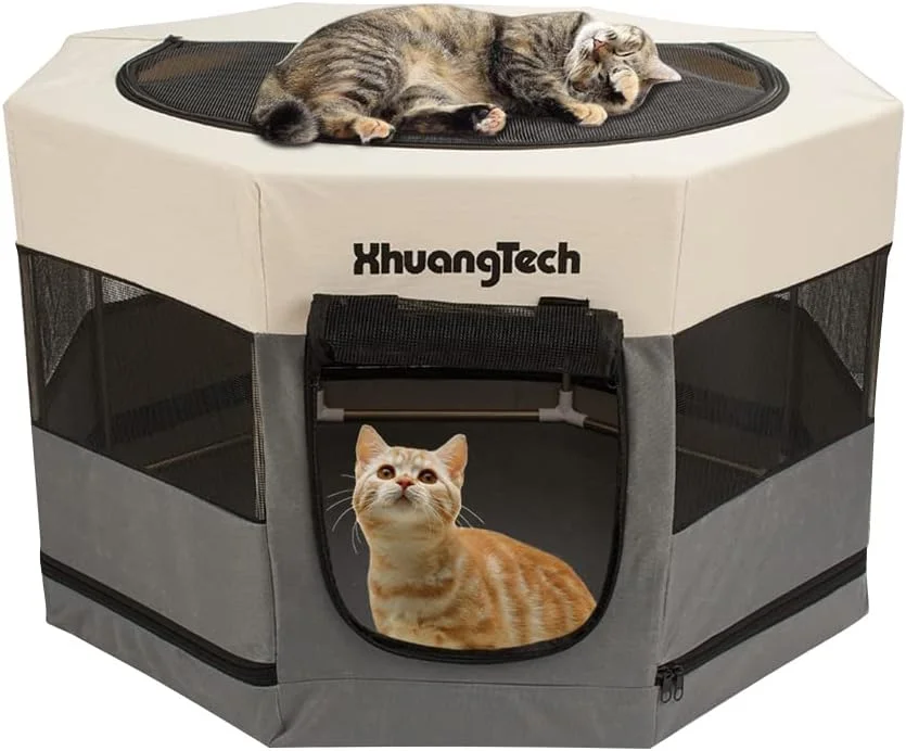 محوطه بازی تاشو و قابل حمل حیوانات خانگی XhuangTech از جنس پارچه نرم، مناسب سگ، گربه، خرگوش و خوکچه هندی، با قاب لوله ای فلزی، قفس و چادر برای استفاده در داخل و خارج از منزل (87.6 × 87.6 × 54.8 سانتی متر، خاکستری)