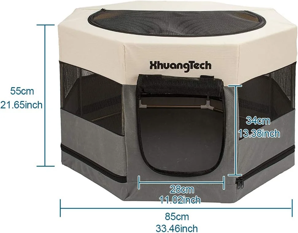 محوطه بازی تاشو و قابل حمل حیوانات خانگی XhuangTech از جنس پارچه نرم، مناسب سگ، گربه، خرگوش و خوکچه هندی، با قاب لوله ای فلزی، قفس و چادر برای استفاده در داخل و خارج از منزل (87.6 × 87.6 × 54.8 سانتی متر، خاکستری)