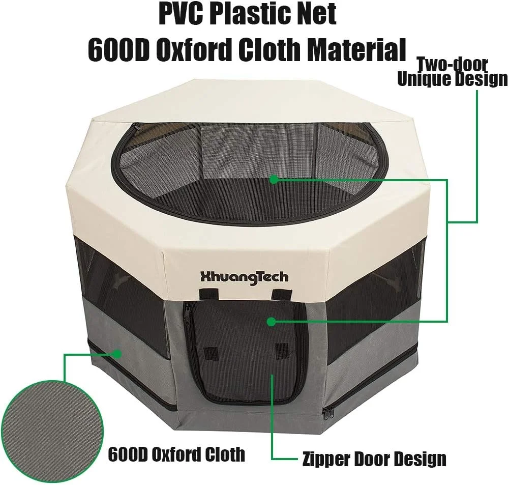 محوطه بازی تاشو و قابل حمل حیوانات خانگی XhuangTech از جنس پارچه نرم، مناسب سگ، گربه، خرگوش و خوکچه هندی، با قاب لوله ای فلزی، قفس و چادر برای استفاده در داخل و خارج از منزل (87.6 × 87.6 × 54.8 سانتی متر، خاکستری)