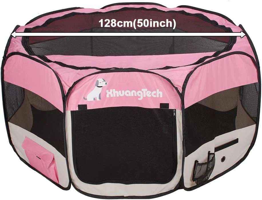 محوطه بازی تاشو و قابل حمل سگ و گربه XhuangTech، مناسب استفاده در داخل و خارج از خانه، قفس لانه حیوانات خانگی، ابعاد 128x128x68 سانتی متر (صورتی)