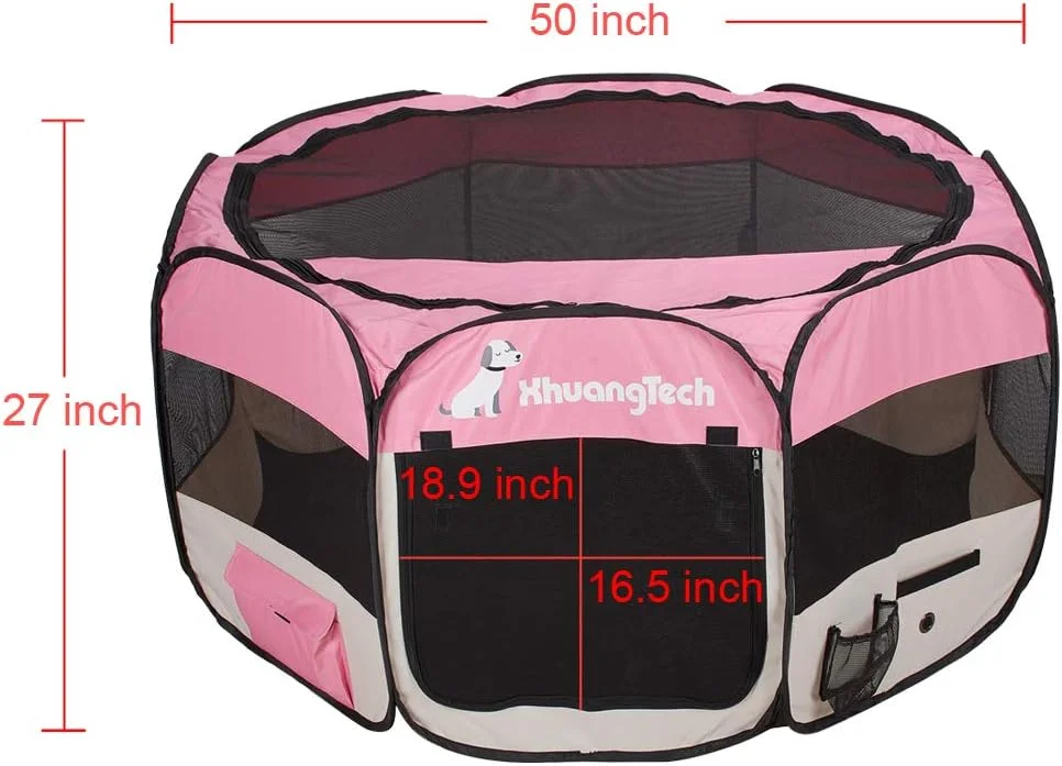 محوطه بازی تاشو و قابل حمل سگ و گربه XhuangTech، مناسب استفاده در داخل و خارج از خانه، قفس لانه حیوانات خانگی، ابعاد 128x128x68 سانتی متر (صورتی)