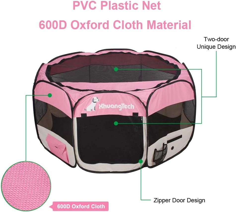 محوطه بازی تاشو و قابل حمل سگ و گربه XhuangTech، مناسب استفاده در داخل و خارج از خانه، قفس لانه حیوانات خانگی، ابعاد 128x128x68 سانتی متر (صورتی)