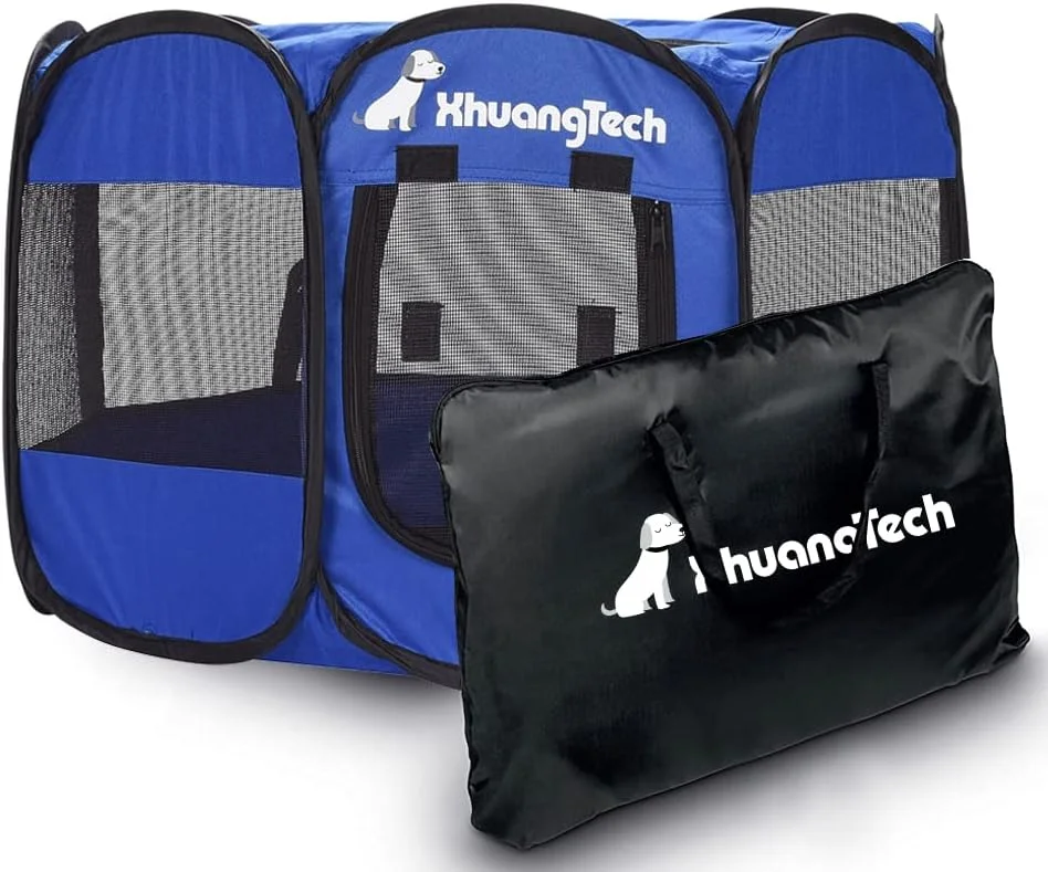 محوطه بازی تاشو و قابل حمل سگ و گربه XhuangTech از جنس پارچه نرم، مناسب استفاده در داخل و خارج از خانه به همراه کیف حمل (آبی تیره)