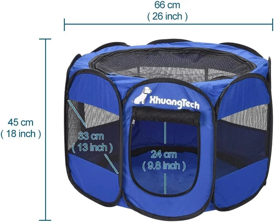 محوطه بازی تاشو و قابل حمل سگ و گربه XhuangTech از جنس پارچه نرم، مناسب استفاده در داخل و خارج از خانه به همراه کیف حمل (آبی تیره)