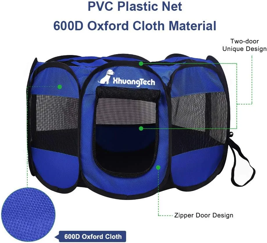 محوطه بازی تاشو و قابل حمل سگ و گربه XhuangTech از جنس پارچه نرم، مناسب استفاده در داخل و خارج از خانه به همراه کیف حمل (آبی تیره)