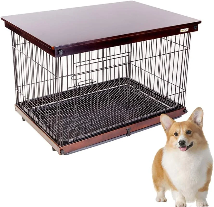 قفس سگ فلزی WYJW، باکس چوبی سگ و گربه با میز رویی و 2 درب ایمن، مناسب برای انواع سبک های خانه، 3 سایز مناسب برای سگ های بزرگ، متوسط ​​و کوچک، L