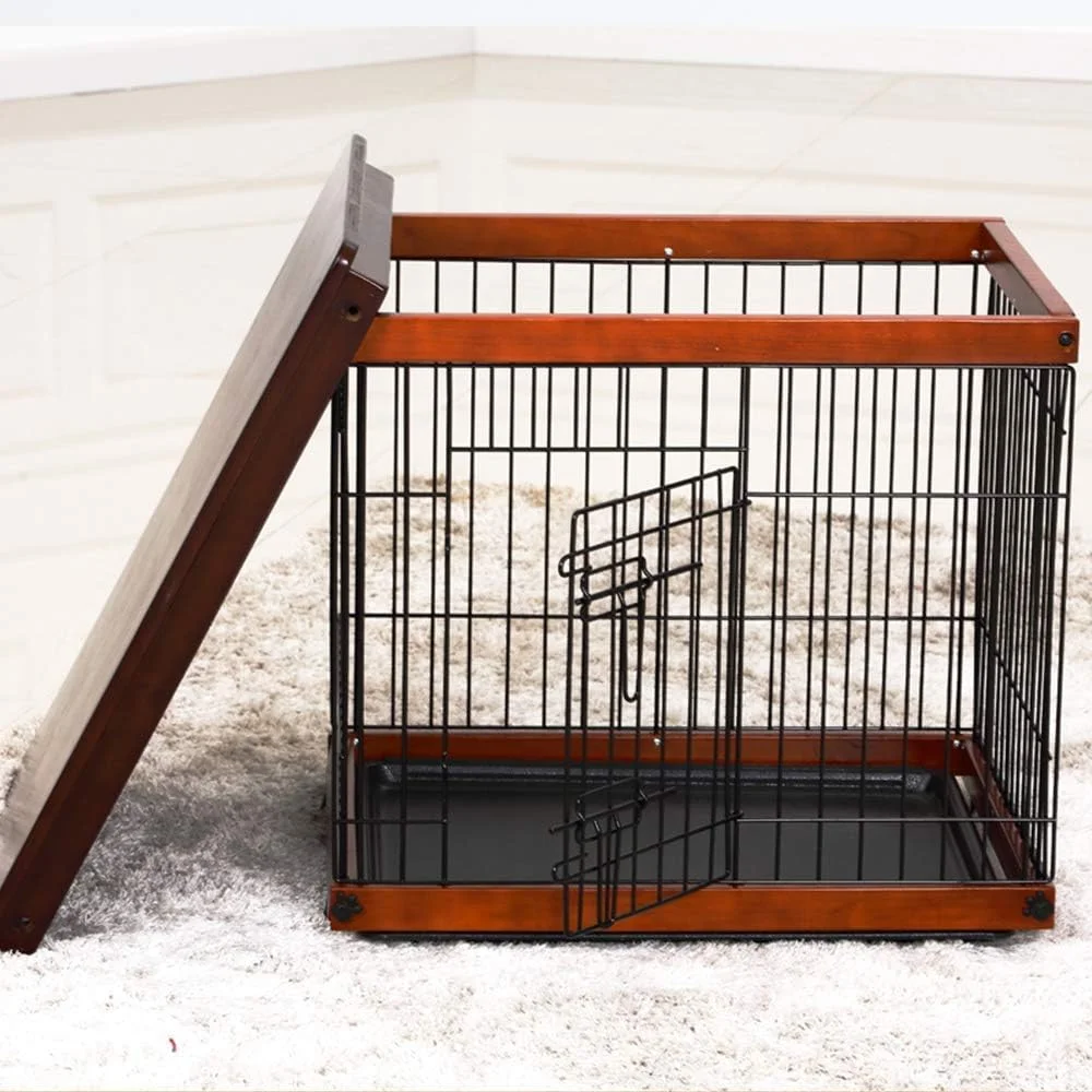قفس سگ فلزی WYJW، باکس چوبی سگ و گربه با میز رویی و 2 درب ایمن، مناسب برای انواع سبک های خانه، 3 سایز مناسب برای سگ های بزرگ، متوسط ​​و کوچک، L