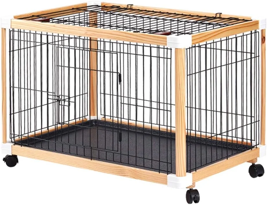 قفس بزرگ سگ WYJW با چرخ/سینی، لانه حیوانات خانگی فلزی چوبی متحرک برای سفر در فضای داخلی و خارجی برای حیوانات خانگی کوچک و متوسط ​​(رنگ: رنگ چوبی)