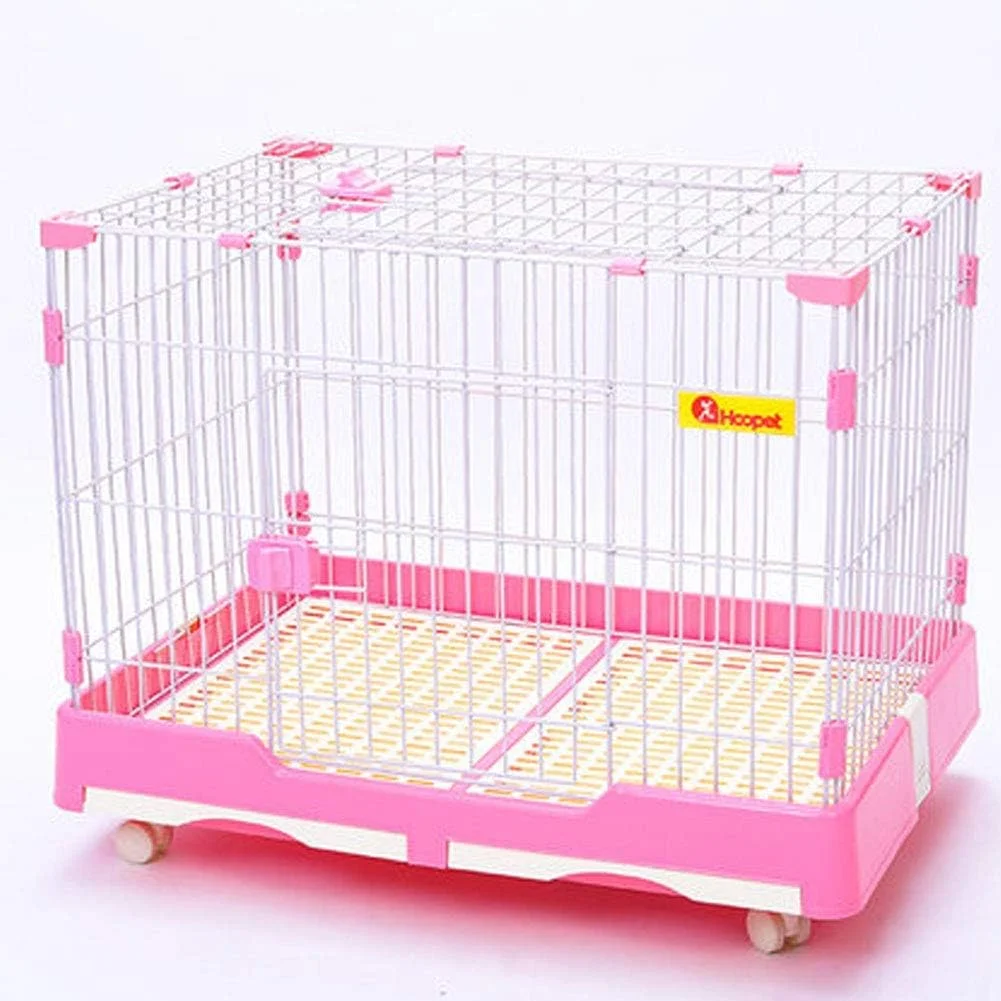 قفس سگ فلزی سنگین WYJW، قفس محکم برای سگ های بزرگ با چرخ و سینی جداشدنی، قفس چرخ دار استیل ضد زنگ، مناسب برای استفاده در منزل و داخل ساختمان (صورتی 74*49*56 سانتی متر)