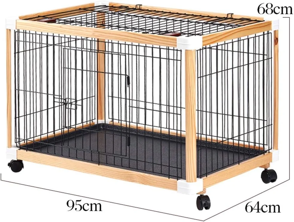 قفس بزرگ سگ WYJW با چرخ/سینی، لانه حیوانات خانگی فلزی چوبی متحرک برای سفر در فضای داخلی و خارجی برای حیوانات خانگی کوچک و متوسط ​​(رنگ: رنگ چوبی)