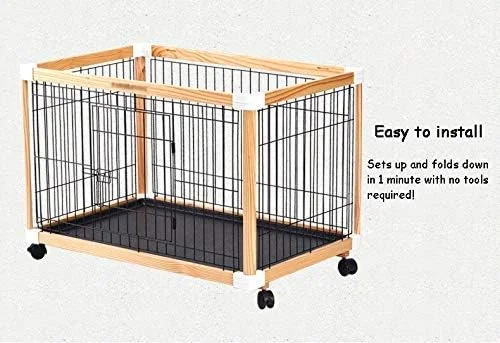 قفس بزرگ سگ WYJW با چرخ/سینی، لانه حیوانات خانگی فلزی چوبی متحرک برای سفر در فضای داخلی و خارجی برای حیوانات خانگی کوچک و متوسط ​​(رنگ: رنگ چوبی)