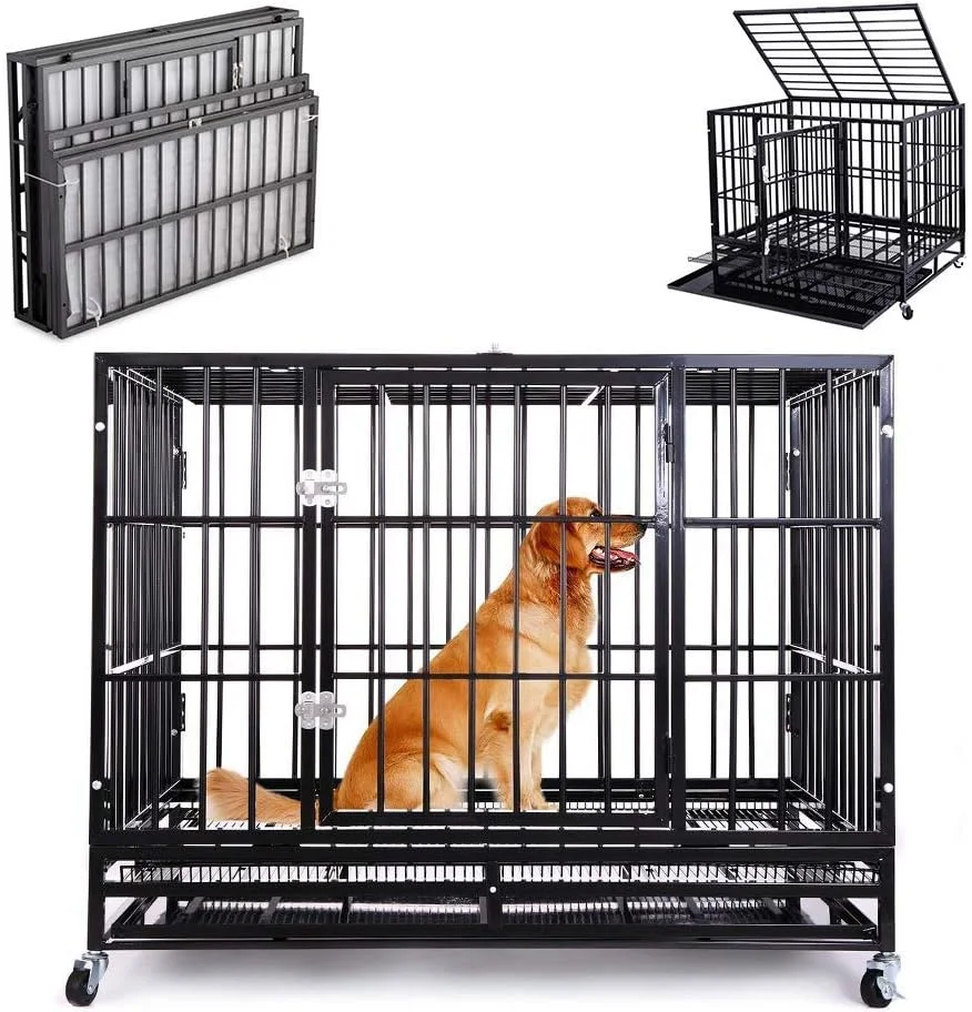 قفس سگ سنگین WYJW، لانه بازی سگ از جنس استیل ضد زنگ قوی، قفس تاشو سگ با درب دوتایی و چرخ قفل شونده، مونتاژ و تمیز کردن آسان برای سگ های کوچک، متوسط و بزرگ، سایز S