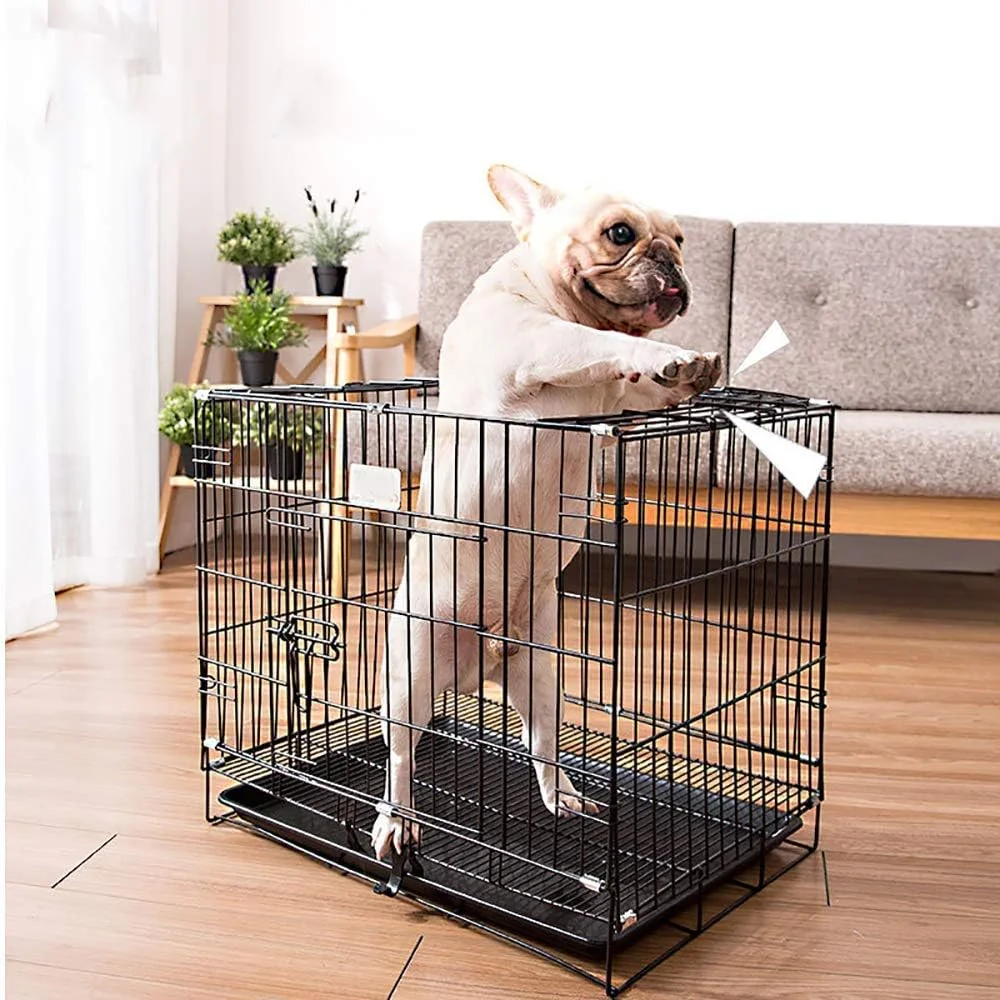 قفس سگ تاشو فلزی تک درب WYJW، با سینی/نورگیر قفس حیوانات خانگی برای آموزش لوازم و ملزومات حیوانات خانگی، محکم و ایمن، آبی، XL: 91X58X48 سانتی متر