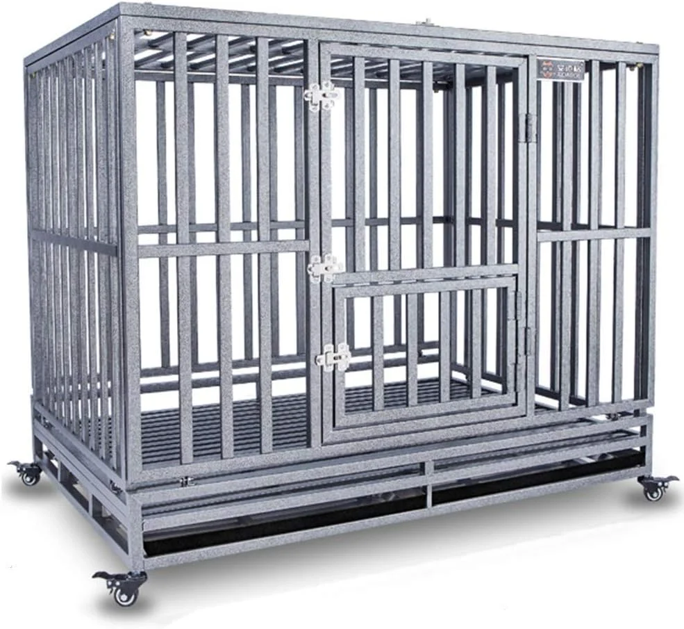 قفس حمل حیوانات خانگی WYJW مناسب سگ های کوچک/متوسط/بزرگ، قفس های فولادی خاکستری برای داخل و خارج از منزل، دارای سینی، 2 درب، چرخ، 95 * 65 * 80 سانتی متر