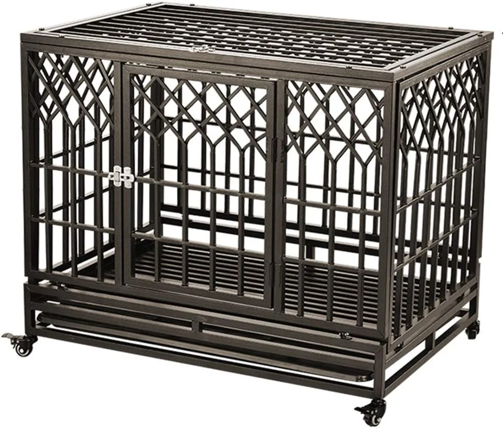 قفس سگ سیار WYJW برای حیوانات خانگی کوچک/متوسط/بزرگ، لانه فولادی قهوه ای سنگین با درب دوتایی، سینی و چرخ های قفل دار، 80 * 65 * 95 سانتی متر