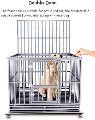 قفس حمل حیوانات خانگی WYJW مناسب سگ های کوچک/متوسط/بزرگ، قفس های فولادی خاکستری برای داخل و خارج از منزل، دارای سینی، 2 درب، چرخ، 95 * 65 * 80 سانتی متر