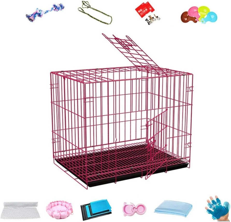 قفس سگ WYJW، قفس توله سگ قفل‌دار با درب دوتایی، قفس گربه خانگی سرپوشیده برای سگ‌های متوسط و بزرگ با توالت، صورتی، XL