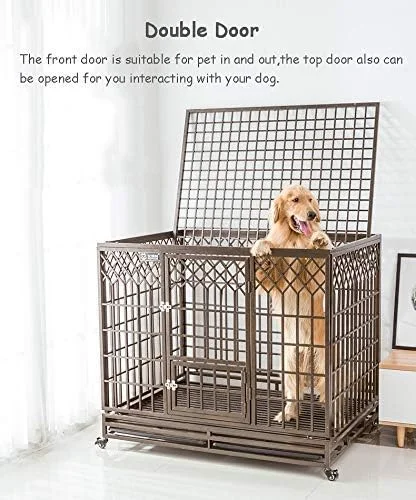 قفس سگ سیار WYJW برای حیوانات خانگی کوچک/متوسط/بزرگ، لانه فولادی قهوه ای سنگین با درب دوتایی، سینی و چرخ های قفل دار، 80 * 65 * 95 سانتی متر