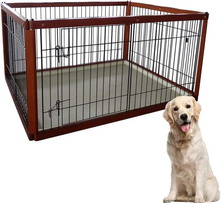 قفس سگ چند منظوره WYJW، دروازه چوبی مانع برای استفاده در داخل خانه، طراحی ساده بارگیری و تخلیه، سینی ضد نشت و ضد رطوبت، 94 * 64 * 61 سانتی متر