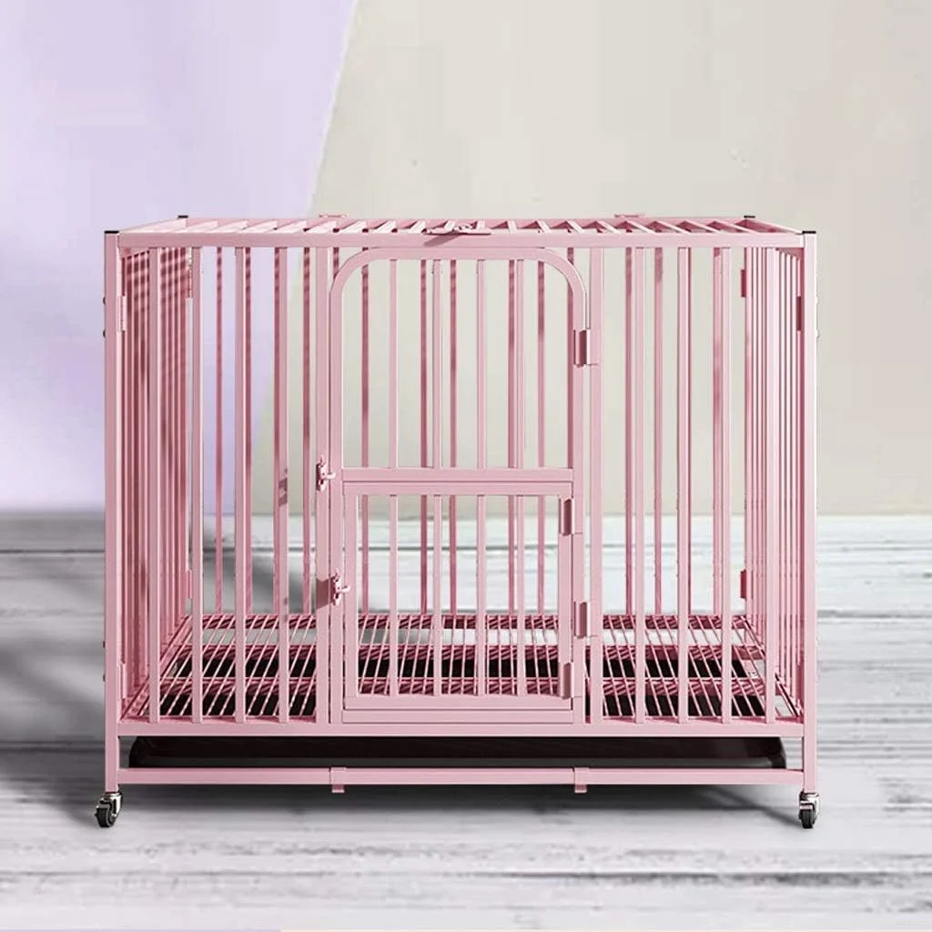 قفس سگ فلزی لوله مربعی کامل داخلی WYJW تاشو سگ بزرگ سگ متوسط با توالت قفس حیوانات خانگی صورتی (سایز: S)