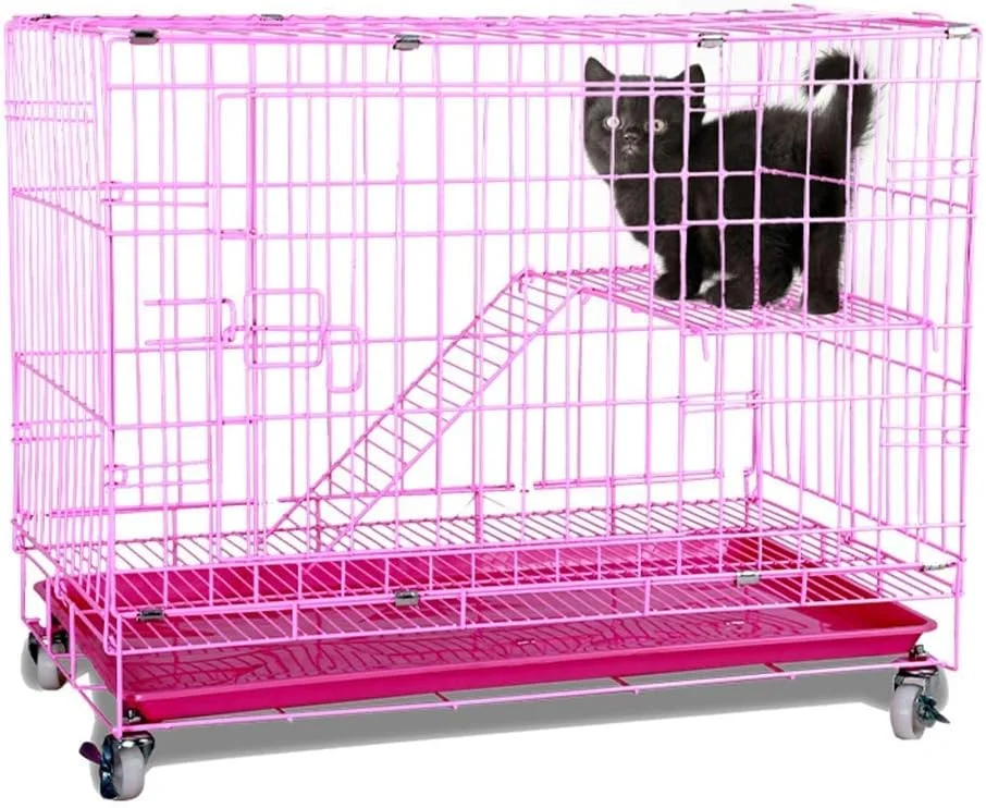 قفس گربه WYJW، حصار گربه سرپوشیده، پارک بازی توله سگ، خانه فلزی گربه با نردبان سکو، جعبه حمل و نقل، سفید، 74 * 57 * 90 سانتی متر (رنگ: صورتی، اندازه: 74 * 57 * 90 سانتی متر)