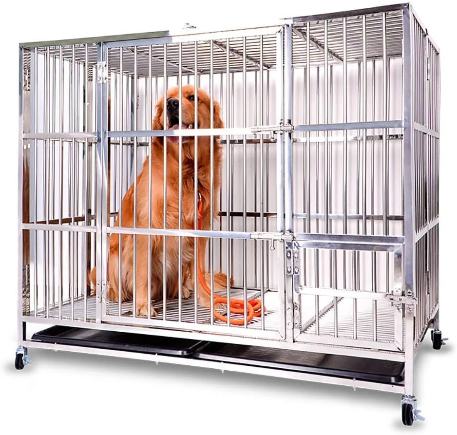 خانه سگ WYJW، قفس سگ - قفس حیوانات خانگی سنگین با دو درب، سینی فلزی، چرخ ها، محوطه بازی ورزشی، قفس حیوانات خانگی سگ کوچک، متوسط ​​و بزرگ، نقره ای