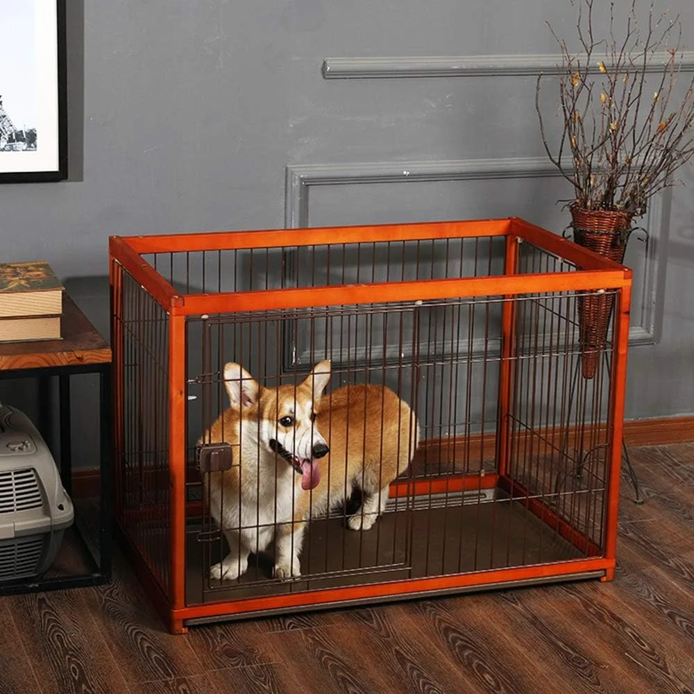 قفس سگ چوبی WYJW برای سگ های کوچک و متوسط، حصار سگ داخلی لوازم قفس جداسازی حیوانات خانگی بزرگ و بادوام، 960 * 575 * 670 میلی متر، بژ