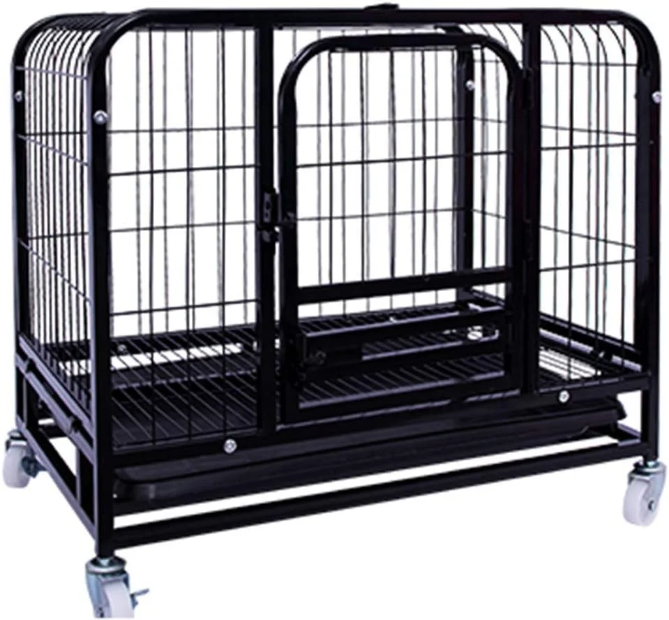 قفس سگ سنگین WYJW - لانه حیوانات خانگی و حیوانات دو درب داخلی و خارجی با سینی و چرخ، محوطه بازی فلزی بزرگ (رنگ: مشکی، اندازه: 54 * 40 * 52 سانتی متر)