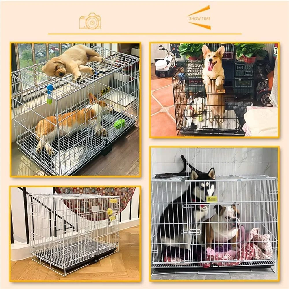 قفس سگ و توله سگ تاشو دو درب WYJW با سینی پلاستیکی، حصار حیوانات خانگی سرپوشیده با توالت، اندازه ها و رنگ های مختلف موجود است، مشکی، XS
