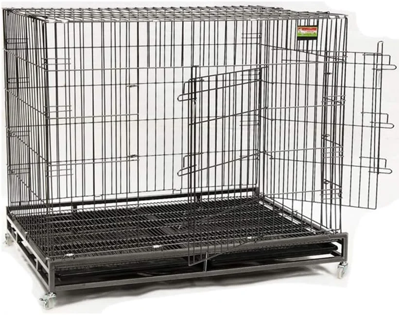 قفس سگ تاشو دو درب WYJW، قفس فلزی محکم نظامی حیوانات خانگی، قفس بزرگ سگ با چرخ های قفل دار (110x70x90 سانتی متر)