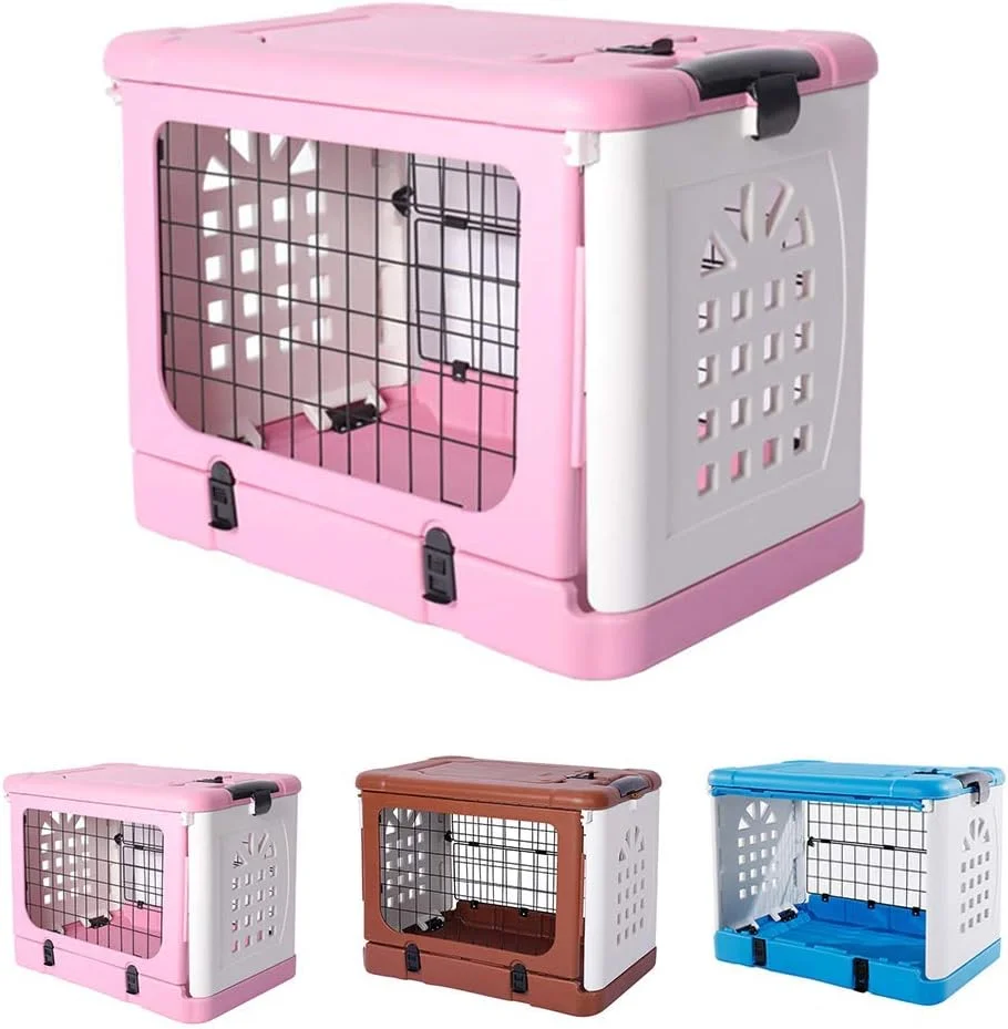 قفس سگ تاشو WYJW، باکس 2 درب با سینی، خانه سگ سرپوشیده با توالت، مناسب برای حیوانات خانگی بزرگ، متوسط ​​و کوچک، 68 * 46 * 53 سانتی متر، صورتی