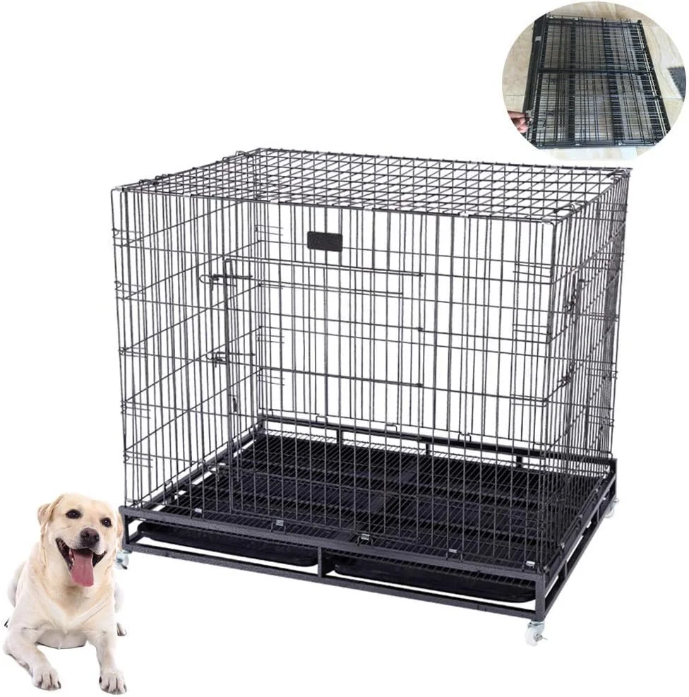 قفس تاشو سگ و توله سگ WYJW با سینی، چرخ ترمز ضد لغزش، 3 سایز مناسب برای سگ های بزرگ، متوسط ​​و کوچک در داخل و خارج از منزل، سایز S