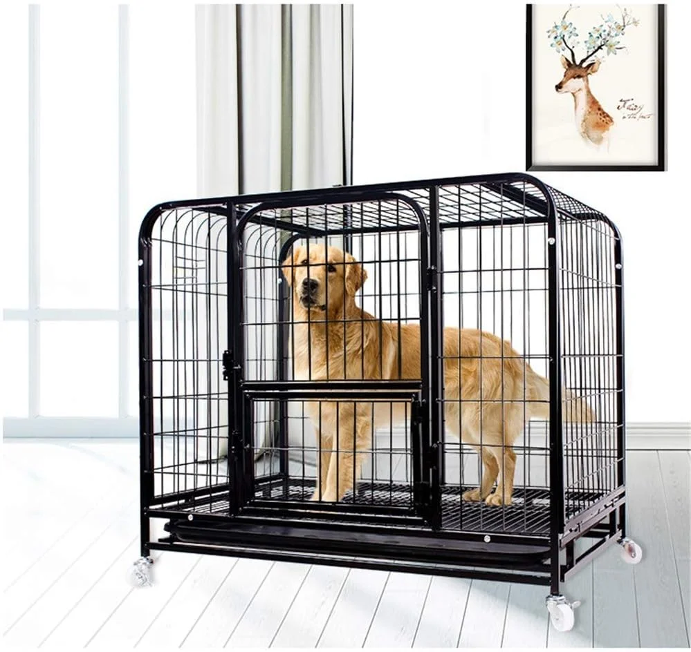 قفس سگ فلزی تاشو WYJW، قفس تاشو حیوانات خانگی با دو درب، قفل و سینی برای حیوانات خانگی بزرگ و متوسط، مناسب برای استفاده عمومی در داخل و خارج از منزل، گربه، 110 * 73 * 95 سانتی متر