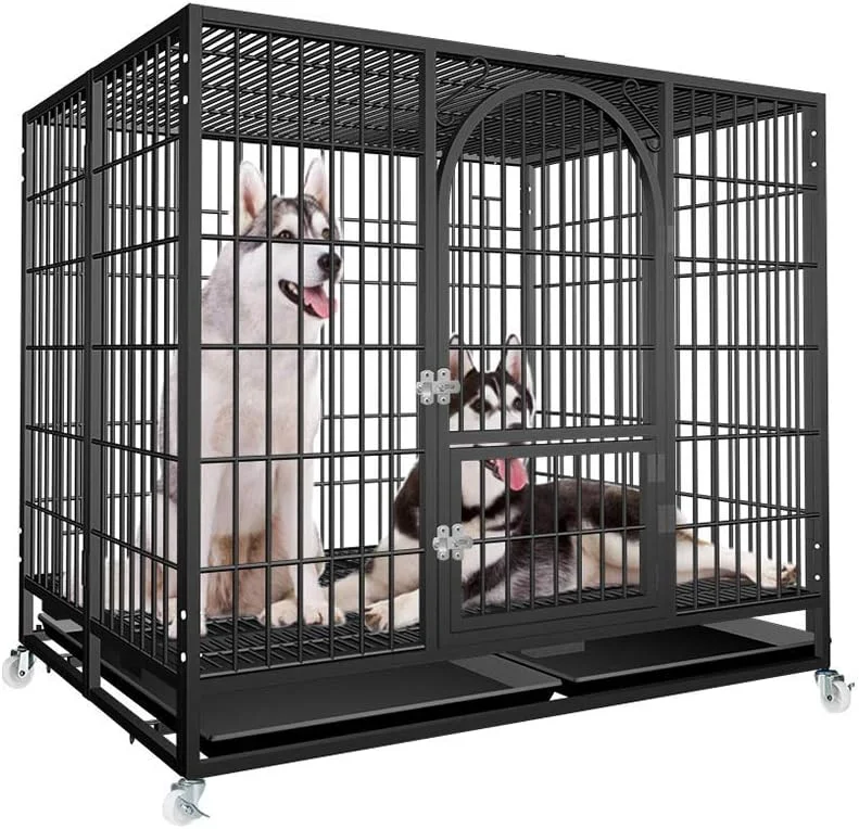 قفس سگ و توله سگ WYJW، جعبه تاشو مشکی با سینی زیرین، طراحی قفل اتوماتیک دو درب، قرقره چرخان 360 درجه برای سگ های کوچک، متوسط ​​و بزرگ، S